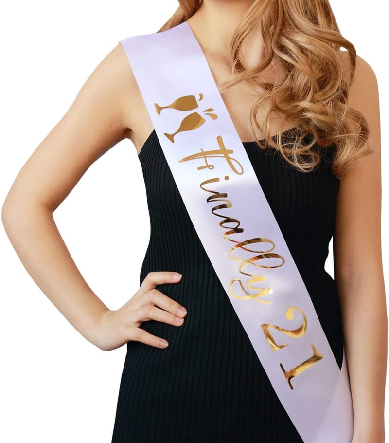 Docooniver 21st Birthday Sash for Girls and Women,Finally 21 Sash White with Gold Foil Lettering - Image 1